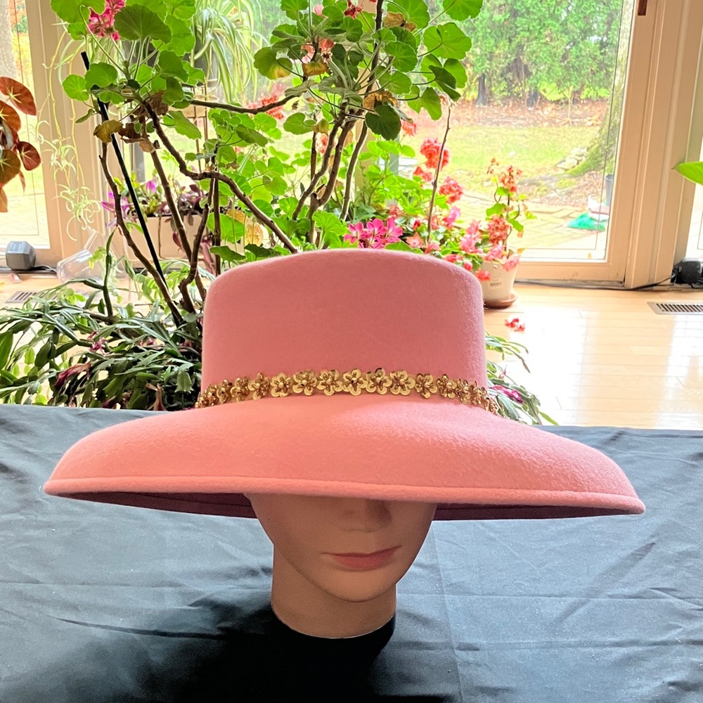 Elegant Pink Wool Wide-Brim Hat with Gold Sequined Floral Accent Band